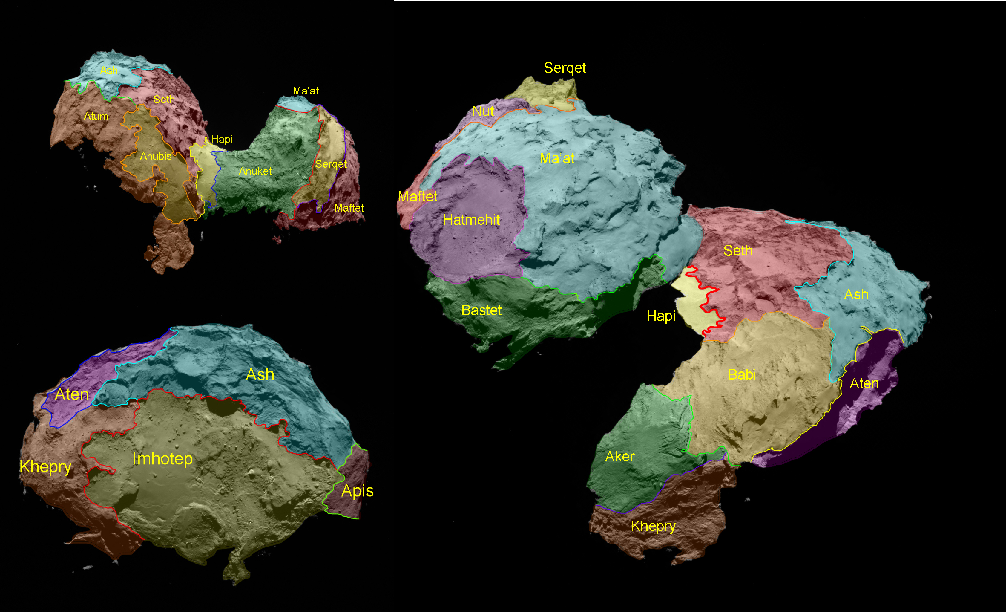 Carte des 19 régions de la comète 67P/Churyumov-Gerasimenko